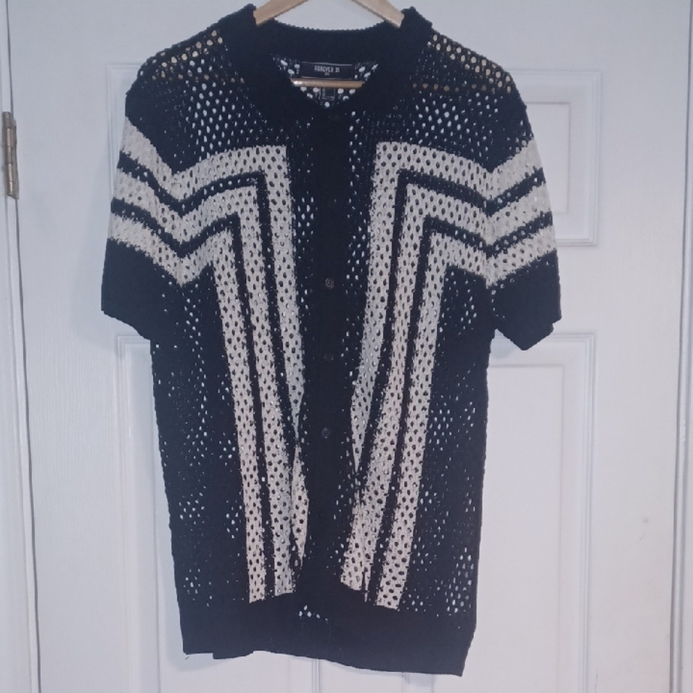 Open Knit Black and White Cardigan Shirt For Men.  Size Large